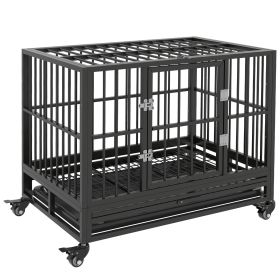 PawHut Heavy Duty Dog Cage 36 Metal Kennel with Lockable Wheels Double Door Removable Tray Gray
